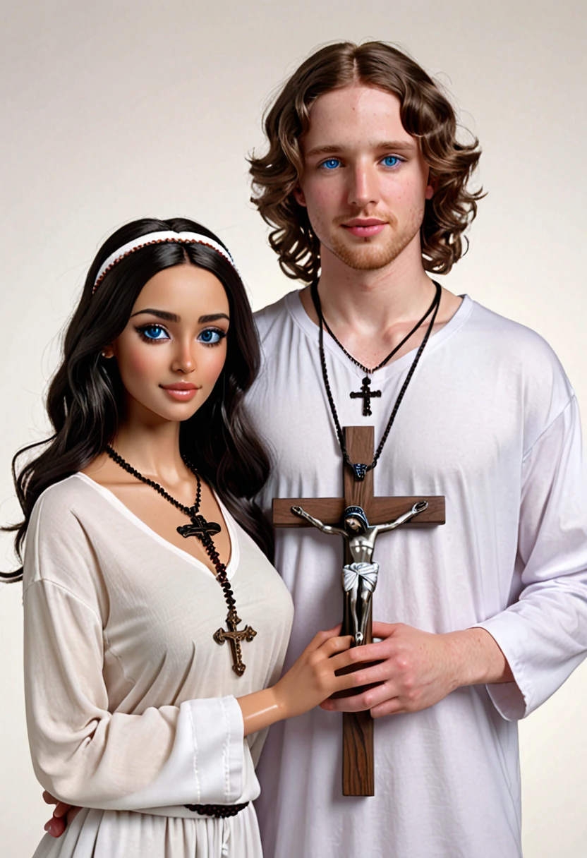 Create a couple made up of a woman with dark hair, light skin, blue eyes and Arabic features wearing novice clothes with a crucifix around her neck, and a white man with short wavy dark hair, light skin, brown eyes and white clothes with objects of Umbanda facing each other realistic