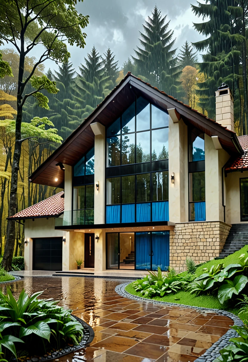 a beautiful modern house in a lush forest, wide angle view, cloudy and rainy sky, light yellow stone walls, brown tiled roof, blue glass windows, black door frames, stream flowing through the forest, detailed landscape, cinematic lighting, photorealistic, masterpiece, 8k