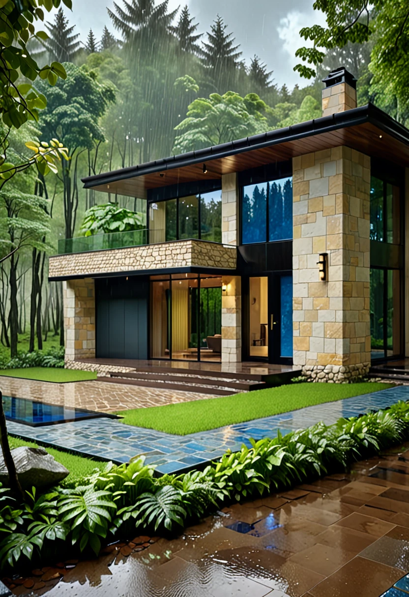 a beautiful modern house in a lush forest, wide angle view, cloudy and rainy sky, light yellow stone walls, brown tiled roof, blue glass windows, black door frames, stream flowing through the forest, detailed landscape, cinematic lighting, photorealistic, masterpiece, 8k