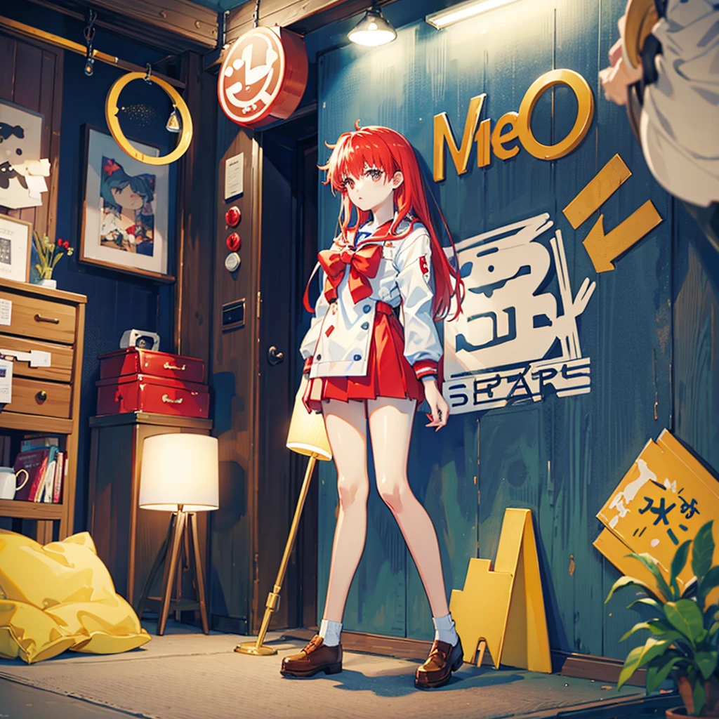 (masterpiece, Highest quality:1.2), alone, One girl, Shiori Fujisaki, Highest quality, Red hair, Sailor suit, Expressive eyes, Perfect Face, A girl is standing in a stance pose, Her legs were wide apart. It's a slow-motion shot of her swinging her sword at the viewer., When she swings her sword、Her eyes are full of anger, Manga style, movement line, knife, Redhead, Red eyes,