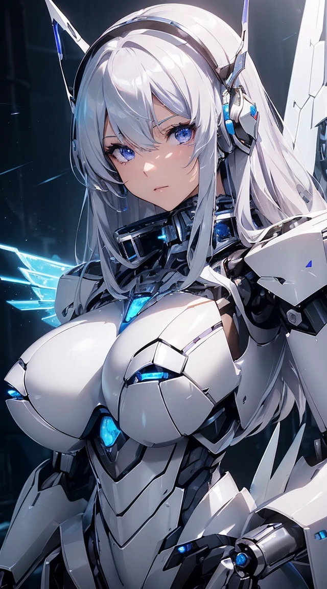 ((Intense action pose:1.6))、((Shining lenses on both breasts:1.3))、((Blue pillars of light are emanating from both chests.:1.3))、smile、((8K)), ((32k)), ((Highest quality)), ((masterpiece)), ((超A high resolution)), ((Tmasterpiece)), ((Halation:1.4))、((Mechaニカルheadgear:1.2))、((Cyber Headphones:1.3))、Fine skin, High quality fabric, Fine metal texture、((Beautiful and dense face))、RAW Photos、Professional, Ultra-fine painting, ((alone)), Beautiful breasts、Highest quality, Very detailed, Very detailed詳細, Finer details, so beautiful, ((Princess Knight Robot:1.2)), (Joints of machines, Mechanical Limbs:1.3), (The internal structure of the machine is exposed:1.3), (Long silver hair:1.1), (Beautiful and huge mechanical breasts)、White Veil, cowboy_shot, Side Focus, headgear, Shiny、(Five Fingers, Four fingers and thumb),Concept Art, Anime fantasy artwork, Detailed fantasy art, (with pale blue-violet hair and large white wings,,,,,,,), (((Long silver hair))), (Mecha:1.6)、Sleek and intimidating design, ((Commander-in-Chief'arm)), (Perfect robot body)、純白と青紫armまたは, Symmetrical wings, 8K high quality, detailed art, 3D rendering of character art in 8K, neat legs, Defined, Defined fingers,