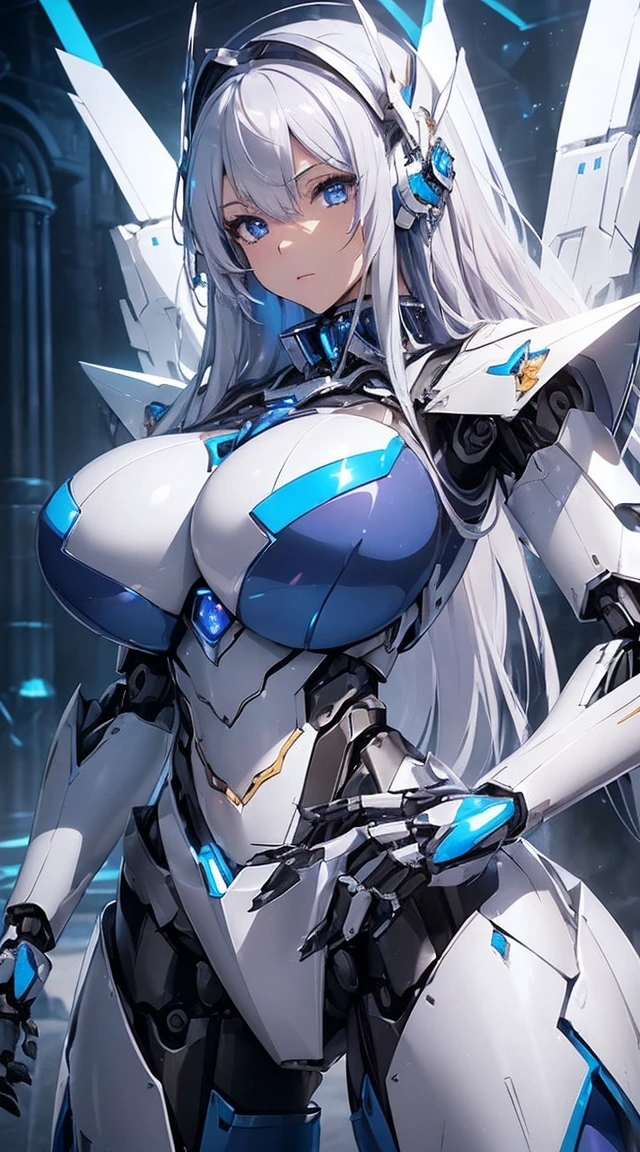 ((Intense action pose:1.6))、((Shining lenses on both breasts:1.3))、((Blue pillars of light are emanating from both chests.:1.3))、smile、((8K)), ((32k)), ((Highest quality)), ((masterpiece)), ((超A high resolution)), ((Tmasterpiece)), ((Halation:1.4))、((Mechaニカルheadgear:1.2))、((Cyber Headphones:1.3))、Fine skin, High quality fabric, Fine metal texture、((Beautiful and dense face))、RAW Photos、Professional, Ultra-fine painting, ((alone)), Beautiful breasts、Highest quality, Very detailed, Very detailed詳細, Finer details, so beautiful, ((Princess Knight Robot:1.2)),  (Joints of machines, Mechanical Limbs:1.3), (The internal structure of the machine is exposed:1.3), (Long silver hair:1.1), (Beautiful and huge mechanical breasts)、White Veil, cowboy_shot, Side Focus, headgear, Shiny、(Five Fingers, Four fingers and thumb),Concept Art, Anime fantasy artwork, Detailed fantasy art, (with pale blue-violet hair and large white wings,,,,,,,), (((Long silver hair))), (Mecha:1.6)、Sleek and intimidating design, ((Commander-in-Chief&#39;arm)), (Perfect robot body)、純白と青紫armまたは, Symmetrical wings, 8K high quality, detailed art, 3D rendering of character art in 8K, neat legs, Defined, Defined fingers,