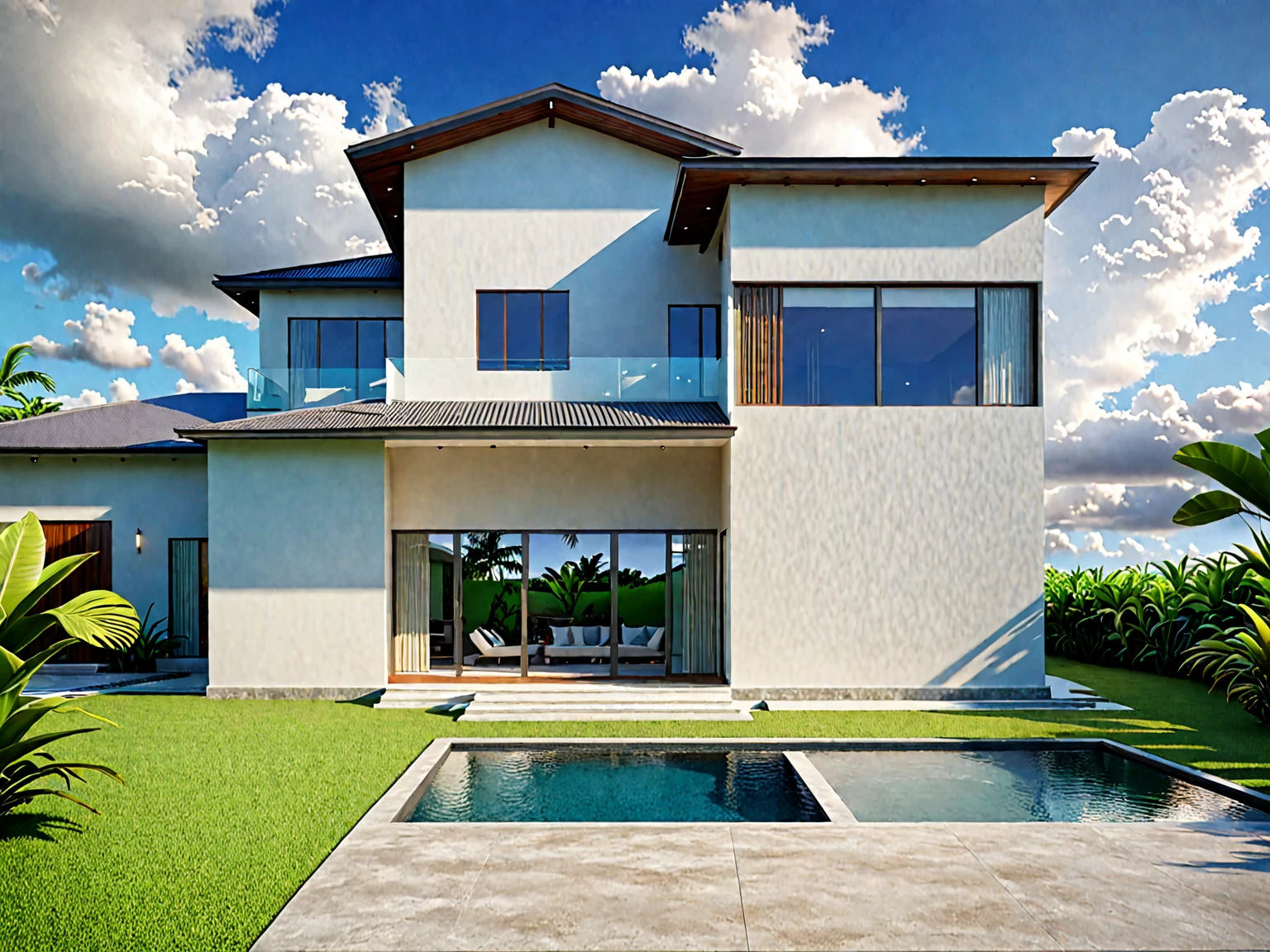 exterior of house, modern style, nice tropical landscape, morning, sky, few cloud, realistic, high quality, masterpiece