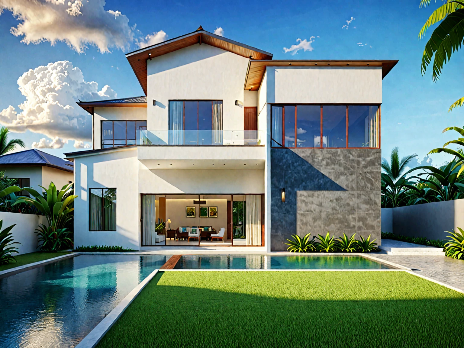 exterior of house, modern style, nice tropical landscape, morning, sky, few cloud, realistic, high quality, masterpiece