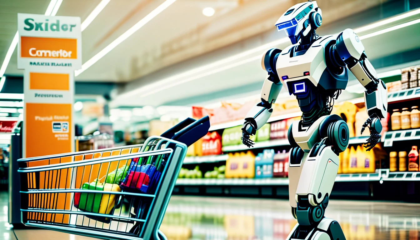 full body shot of a robot walking with a shopping cart in front of a supermarket. Photorealistic surface of the robot, high tech, cybertech, made of different materials. Natural lights, neutral colors, lomochrome, vintage color tones, dramatic, dynamic composition.Lifelike textures, sharp focus, depth of field, cinematic lighting, Contrast lighting, volumetric lighting, best shadows,Realism, Cinematic, Photoreal, 35mm film, Screengrab a Super Panavision film, in color. Best quality , hdr, uhd, 8k, analog camera shot.