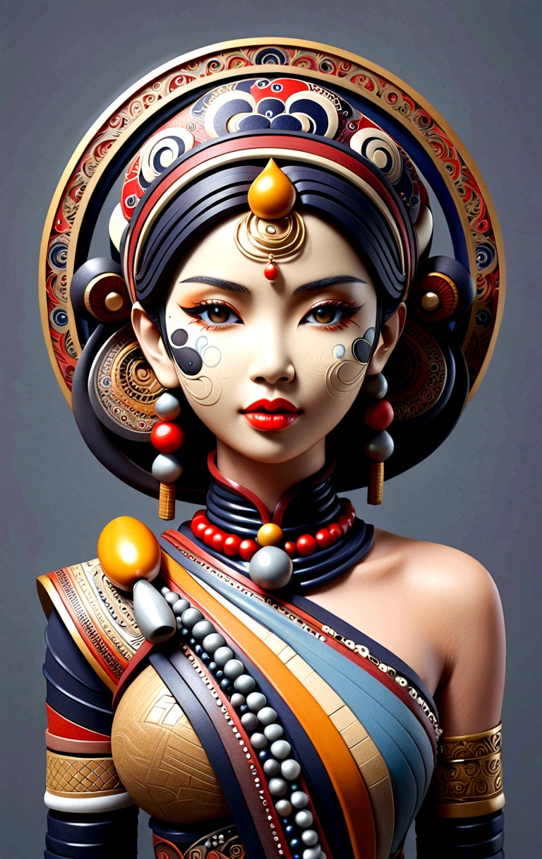 3D sculpture,young asian woman(Thai style)half body,abstract art,greatly exaggerated