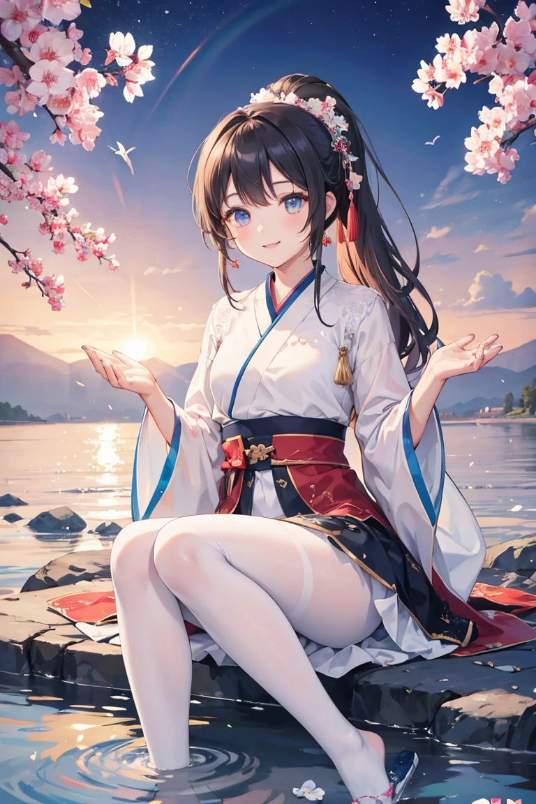 A girl, (beautiful eyes), high ponytail, smile, Hanfu, (lace uniform), cute and dreamy, full body, (streams, clear water), (beautiful avatar photography, digital art, detailed description, best quality, 8K, ultra clear), pantyhose