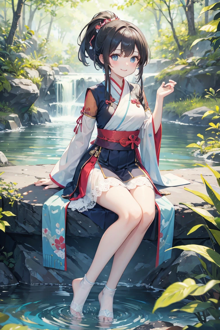 A girl, (beautiful eyes), high ponytail, smile, Hanfu, (lace uniform), cute and dreamy, full body, (streams, clear water), (beautiful avatar photography, digital art, detailed description, best quality, 8K, ultra clear), pantyhose