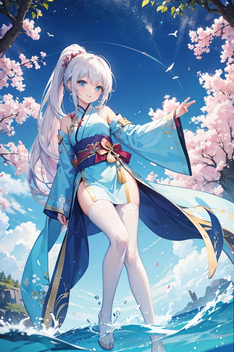A girl, (beautiful eyes), high ponytail, smile, Hanfu, (lace uniform), cute and dreamy, full body, (streams, clear water), (beautiful avatar photography, digital art, detailed description, best quality, 8K, ultra clear), pantyhose