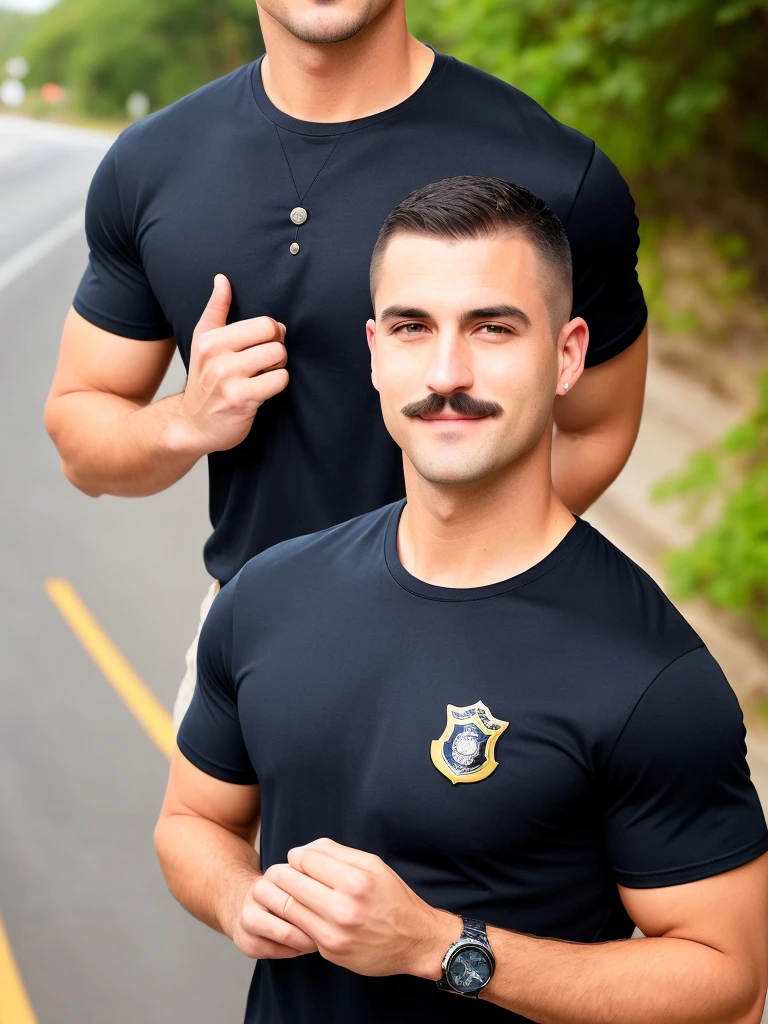 A giant muscular mixed race man from Brazil, bearded and hairy, standing, in white underwear, with your legs wide apart from each other, with hands raised behind head, having his underwear searched by the two police officers
