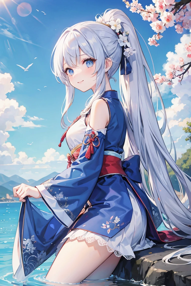 A girl, (beautiful eyes), high ponytail, smile, Hanfu, (lace uniform), cute and dreamy, full body, (streams, clear water), (beautiful avatar photography, digital art, detailed description, best quality, 8K, ultra clear), pantyhose