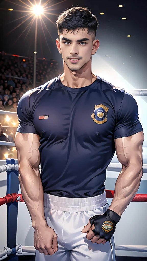 (handsome Man),(Thin mustache:1.1),(crew cut short hair:1.5),black eye,
(navy blue tight-fitting round neck short sleeve T-shirt:1.3),(Police badge:1.3),navy blue cargo pants,(navy_gloves:1,3),(navy_backpack:1.3),(sunglasses:1.3),
Korean guy,chest muscles,large arm muscles,blood vessel,Big muscles,Broad shoulders,(open mouth:1.2),(face up:1.2),(open eyes:1.5),middle of the road,smile,(boxing ring:1.4),