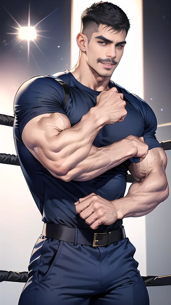 (handsome Man),(Thin mustache:1.1),(crew cut short hair:1.5),black eye,
(navy blue tight-fitting round neck short sleeve T-shirt:1.3),(Police badge:1.3),navy blue cargo pants,(navy_gloves:1,3),(navy_backpack:1.3),(sunglasses:1.3),
Korean guy,chest muscles,large arm muscles,blood vessel,Big muscles,Broad shoulders,(open mouth:1.2),(face up:1.2),(open eyes:1.5),middle of the road,smile,(boxing ring:1.4),