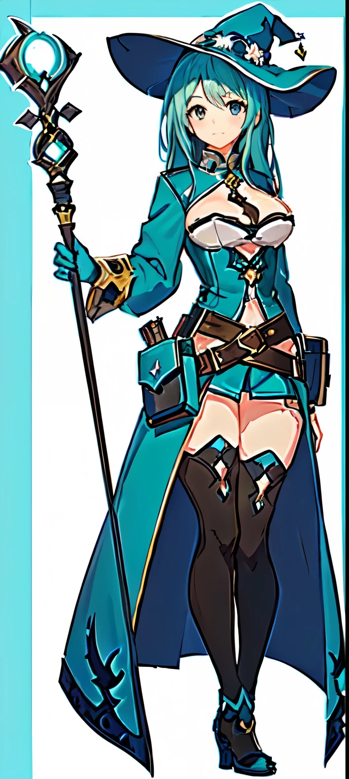 Cartoon image of a woman with blue hair and a green hat, By Yoshihiko Wada, Full Color, ( ( Character Concept Art ) ), Kschaert Krentz Key Art Feminine, Granblue Fantasy, jRPG character art, Megumin, guilty gear art style, RPG character art, Villain Anime Girl, Pixiv, jrpg fashion, JRPG Characters, RPG character art, Full body concept, detailed Full body concept art, ( ( Character Concept Art ) )