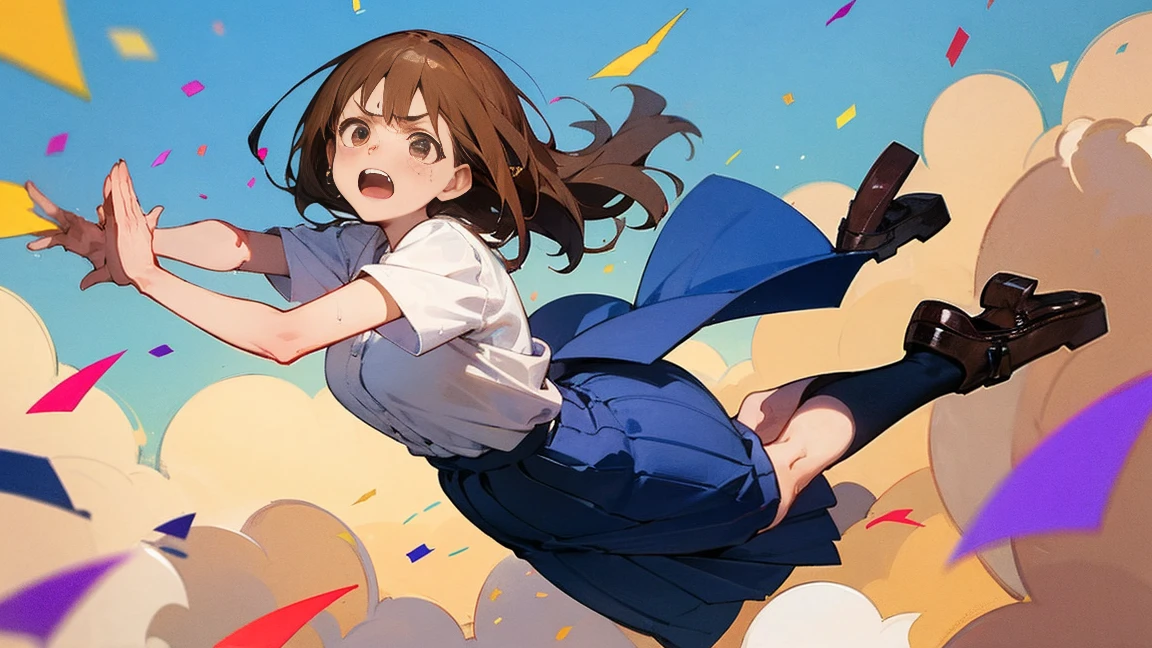 ((Highest quality)), ((masterpiece)), ((Very detailed)),Floatingする女の子,Angry expression,floating,Floating,Confetti,Brown Hair,tears,Levitating,Blue sky background,Feet in the air,tears,gravity,Long skirt,loafers,Raise both hands