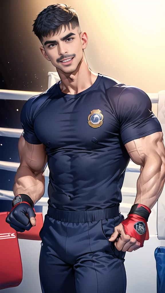 (handsome Man),(Thin mustache:1.1),(crew cut short hair:1.5),black eye,
(navy blue tight-fitting round neck short sleeve T-shirt:1.3),(Police badge:1.3),navy blue cargo pants,(navy_gloves:1,3),(navy_backpack:1.3),(sunglasses:1.3),
Korean guy,chest muscles,large arm muscles,blood vessel,Big muscles,Broad shoulders,(open mouth:1.2),(face up:1.2),(open eyes:1.5),middle of the road,smile,(boxing ring:1.4),