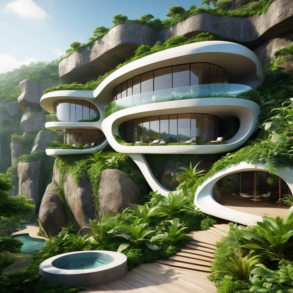 A breathtaking 3D render of an extraordinary architectural masterpiece, carved seamlessly into a colossal rock formation. The structure boasts impressive organic curves, adorned with lush greenery, including thriving plants and trees that grow both on its exterior and within its crevices. Large glass windows frame the building, offering a stunning panoramic view of the surrounding landscape, which comprises of undulating hills and dense vegetation. The overall atmosphere of the image is cinematic, capturing the essence of a futuristic, eco-friendly sanctuary nestled within the heart of nature.
masterpiece