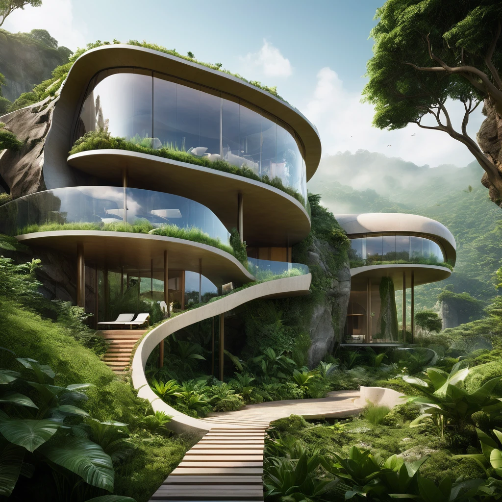 A breathtaking 3D render of an extraordinary architectural masterpiece, carved seamlessly into a colossal rock formation. The structure boasts impressive organic curves, adorned with lush greenery, including thriving plants and trees that grow both on its exterior and within its crevices. Large glass windows frame the building, offering a stunning panoramic view of the surrounding landscape, which comprises of undulating hills and dense vegetation. The overall atmosphere of the image is cinematic, capturing the essence of a futuristic, eco-friendly sanctuary nestled within the heart of nature. 
masterpiece