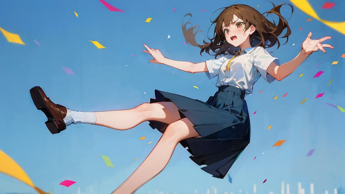 ((Highest quality)), ((masterpiece)), ((Very detailed)),Floatingする女の子,Angry expression,floating,Floating,Confetti,Brown Hair,tears,Levitating,Blue sky background,Feet in the air,tears,gravity,Long skirt,loafers,Raise both hands