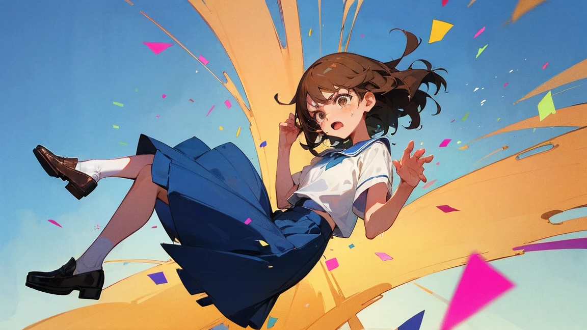 ((Highest quality)), ((masterpiece)), ((Very detailed)),Floatingする女の子,Angry expression,floating,Floating,Confetti,Brown Hair,tears,Levitating,Blue sky background,Feet in the air,tears,gravity,Long skirt,loafers,Raise both hands