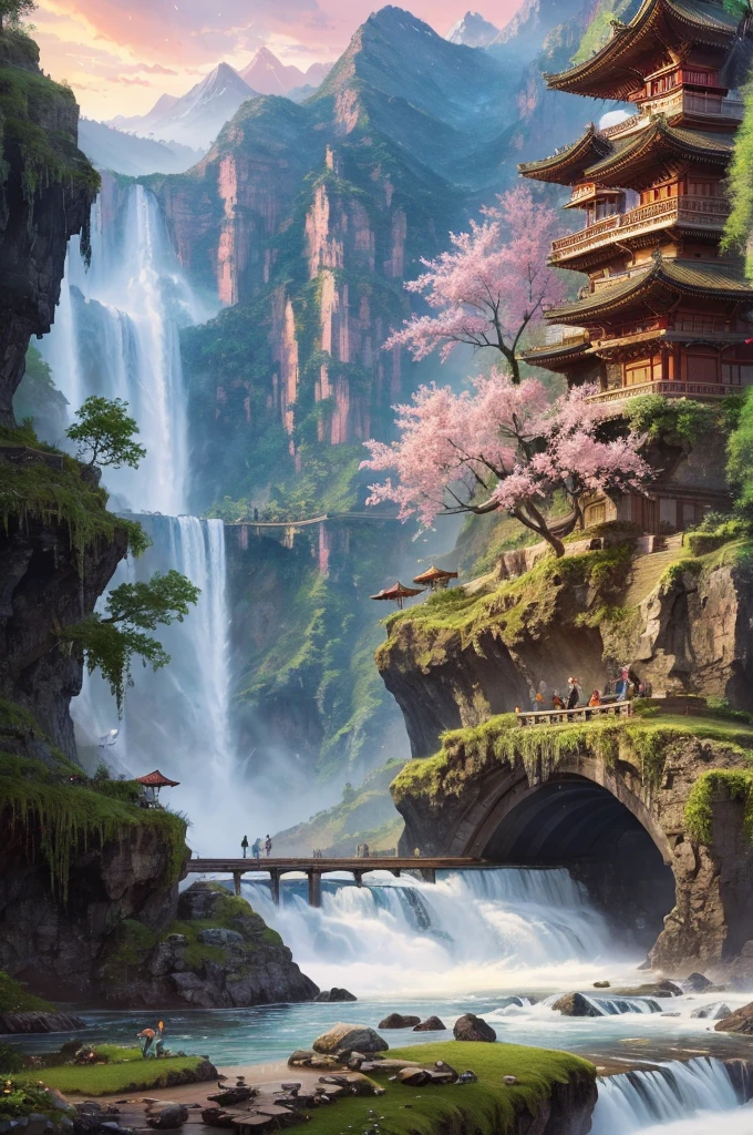 There is a mountain in the painting，There is a waterfall and a bridge in the middle, An extremely detailed painting by Li Song, cg Social Hotspot, Fantasy Art, pink waterfalls, Landscape Art Detail, Beautiful art UHD 4K, 4k highly detailed digital art, Detailed 4k, Dreamy Chinatown, Landscape Artwork, 4K Fine Digital Art, Fantasy Landscape Art