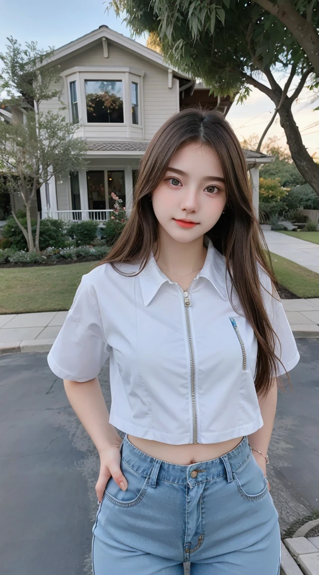 Gorgeus Girl, Beautiful, Baby Face, 20 Years Old, White Skin, Beside, Sexy Pose, wearing zipper shirt, Blue Eye, Bokeh, front yard of the house Background, Masterpiece, Fullbody Shot, long pants,