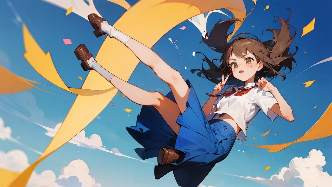 (Best quality,Ultra-detailed,A high resolution,Masterpiece:1.2),Realistic,Colorful,Energetic girl, solo performance, White cropped sailor shirt,Red JK miniskirt, Knee-high socks, Blonde hair, Side ponytail, Beautiful detailed face, Smart and cheerful girl,(((Behind the girl is the sun and sand,with blue sky and white clouds,Seagulls fly overhead)))