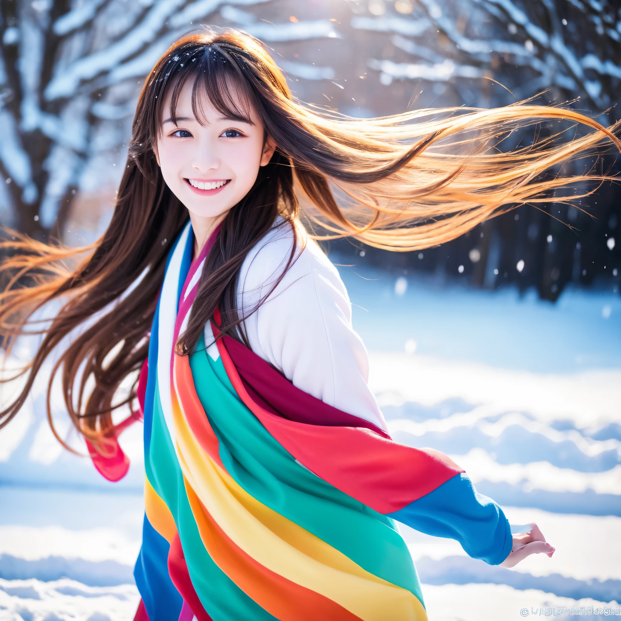Best Quality, 4K picture quality, 1girl in, Colorful Hanfu, Snow, Long hair fluttering in the wind, Healing smile, Large aperture, Blurred background,