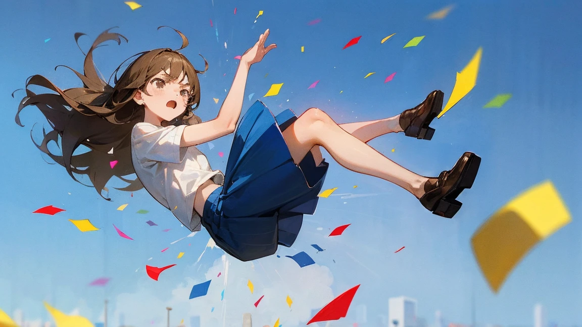 ((Highest quality)), ((masterpiece)), ((Very detailed)),Floatingする女の子,Angry expression,floating,Floating,Confetti,Brown Hair,tears,Levitating,Blue sky background,Feet in the air,tears,gravity,Long skirt,loafers,Raise both hands