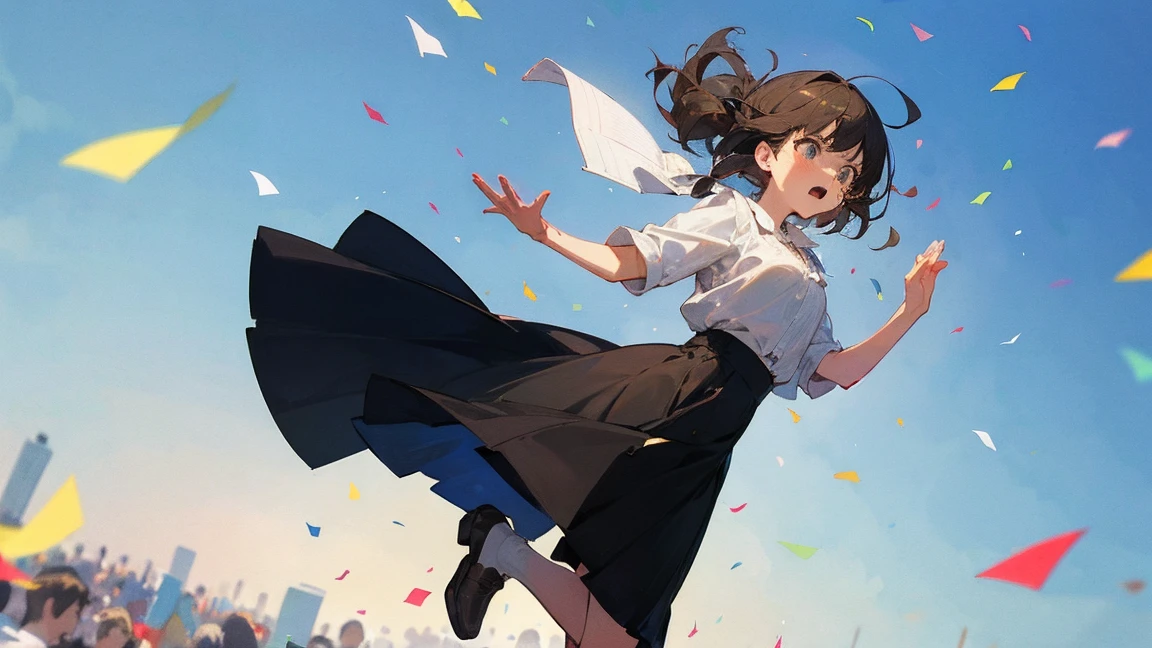 ((Highest quality)), ((masterpiece)), ((Very detailed)),Floatingする女の子,Angry expression，floating，Floating，Confetti，Brown Hair,tears,Levitating,Blue sky background,Feet in the air,tears,gravity,Long skirt,loafers,Raise both hands