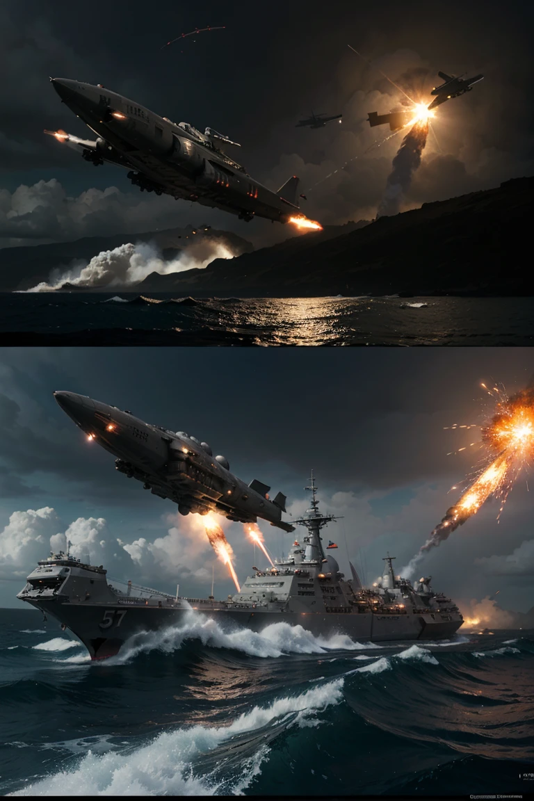 Battleship, Gunship, big UFO in the sky, shots and rockets, battle, splashes of fire and waves, Dynamic scene, gloomy, Atmospheric, comics, concept art.