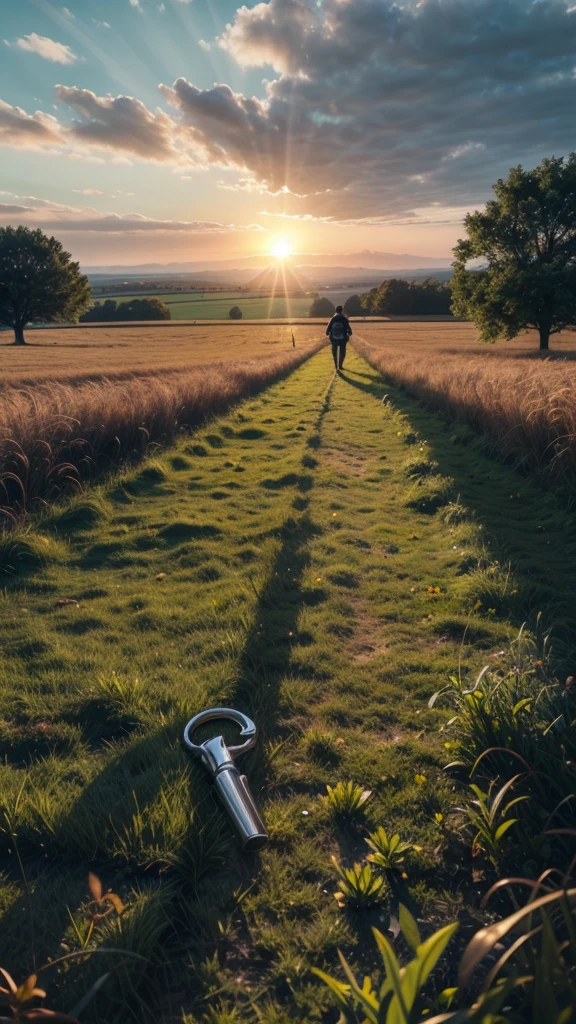 I want a handcuff lying on a green field, and far ahead a man walking, and a sun shining in front of you on the horizon 