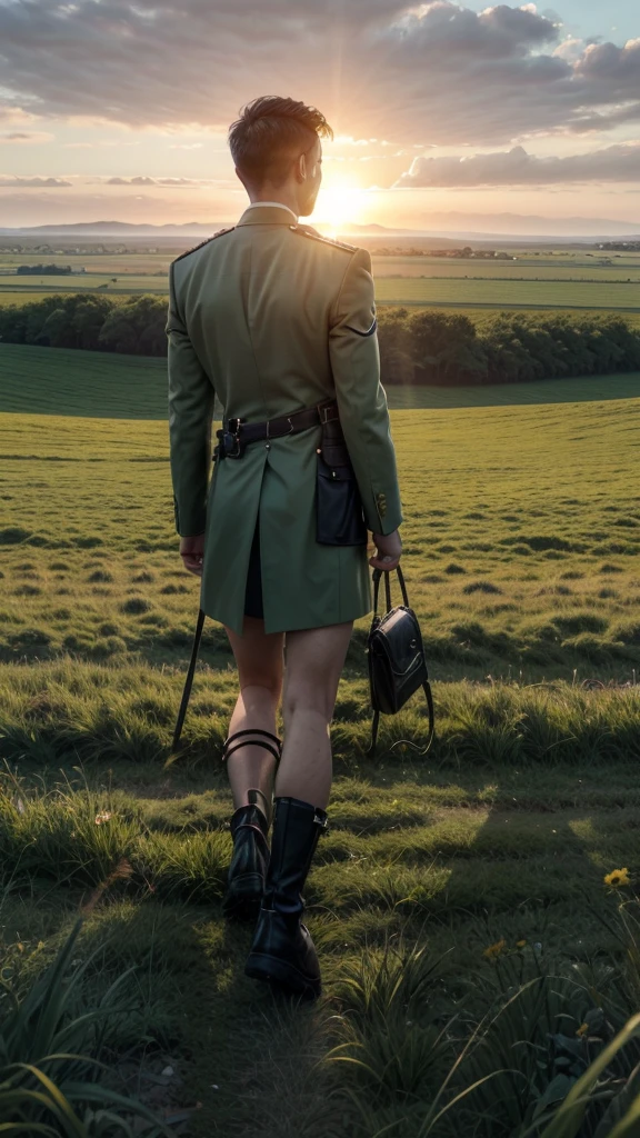 I want a handcuff lying on a green field, and far ahead a man walking, and a sun shining in front of you on the horizon 