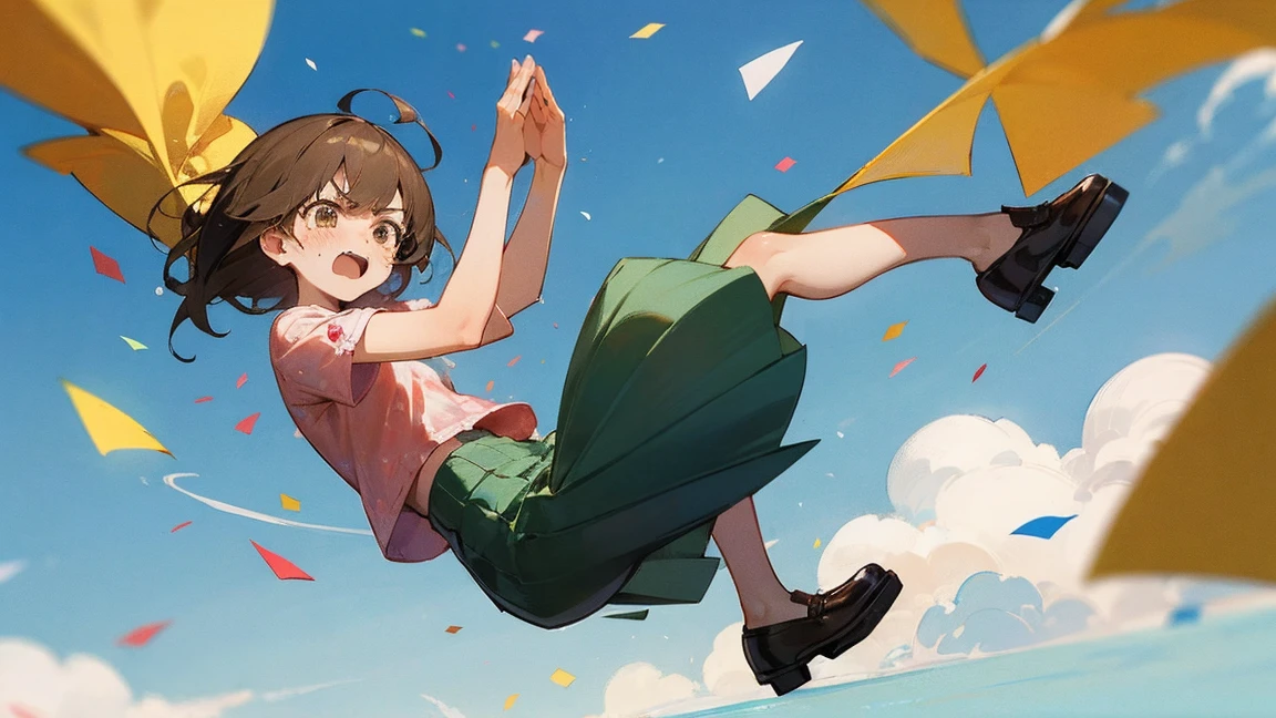 ((Highest quality)), ((masterpiece)), ((Very detailed)),Floatingする***,Angry expression，floating，Floating，Confetti，Brown Hair,tears,Levitating,Blue sky background,Feet in the air,tears,gravity,Long skirt,loafers,Raise both hands