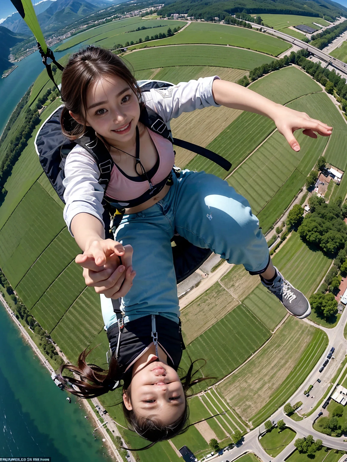 Beautiful 24 Years Korean Girl, Paragliding On switzerland alaps valley, ((On air)), ((Paragliding)), Solo, Air, Realistic, Ultra HD, 8k unity walpaper, Ray Tracing, Beautiful smile, (smile:1.2), (sports bra), (pink jeans), detailed background, Detailed skin, detailed dress , (Detailed paragliding), Real Paragliding, Landing time, Touching ground when landing paragliding, Low height on air, Pose jumping from a height, from below:1.3,(((1 girl))), Spread your legs,