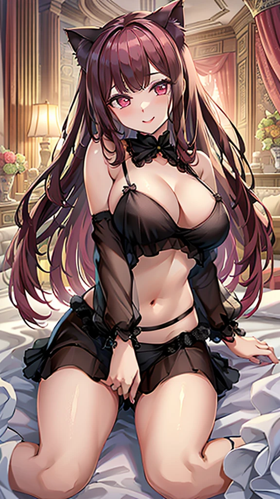 Masterpiece、Highest quality、Super detailed、1 girl、(Big Tits)、Fluffy and soft long hair、Red-pink eyes、Cleavage、(The underboob is visible)、smile、Too big breasts、Cat ear、negligee、bed