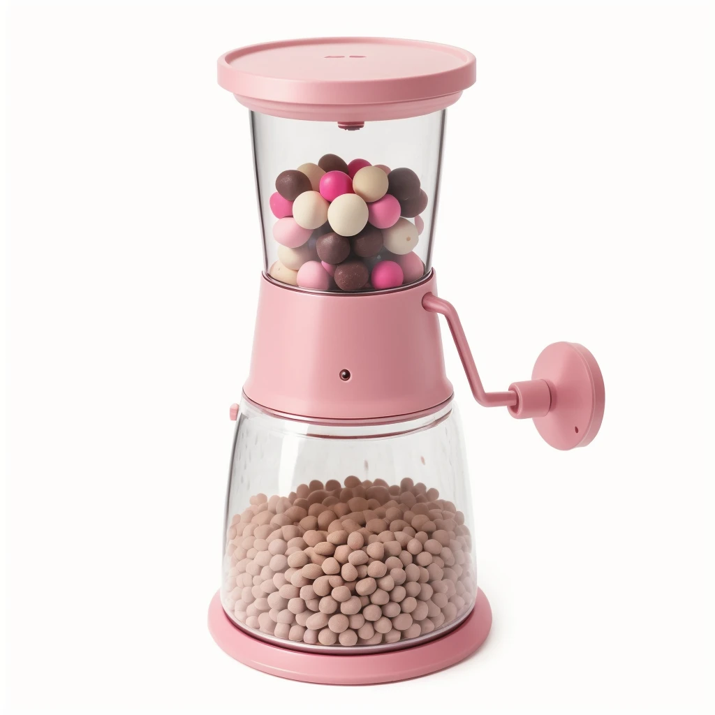 on the white background, pink toy grinder, large cnadies dragee in the top, tiny sprinkles in the bottom, realistic texture, realistic style, detailed texture, high quality, high resolution, high quality rendering, realistic photo, brightning light, macro photo, ultra hd 4k