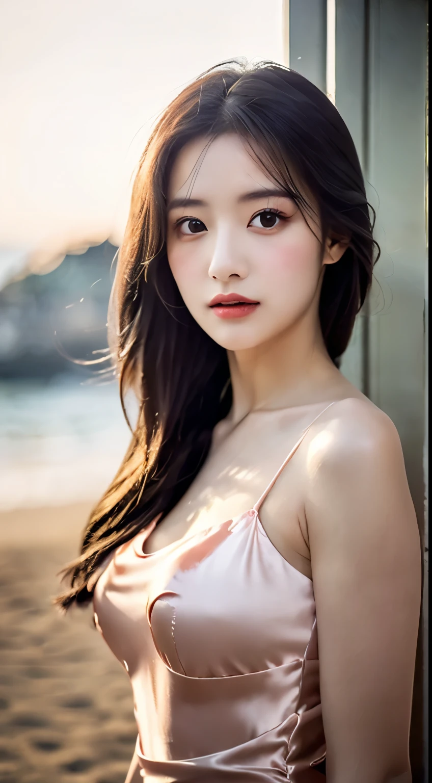 lndswgnr_v1.0, (Sharp Focus: 1.5), (Sharp Focus:1.2), Portrait, attractive young woman, (Beautiful face:1.1), Detailed eyes, luscious lips, (eye make up:1.2), (tight body:1.2), Wearing (Thin silk dresses:1.2) で (the beach:1.2). (morning sun lighting:1.2), depth of fields, Bokeh, 4K, nffsw. in door (by James C. Christensen:1.2|Jeremy Lipking:1.1).