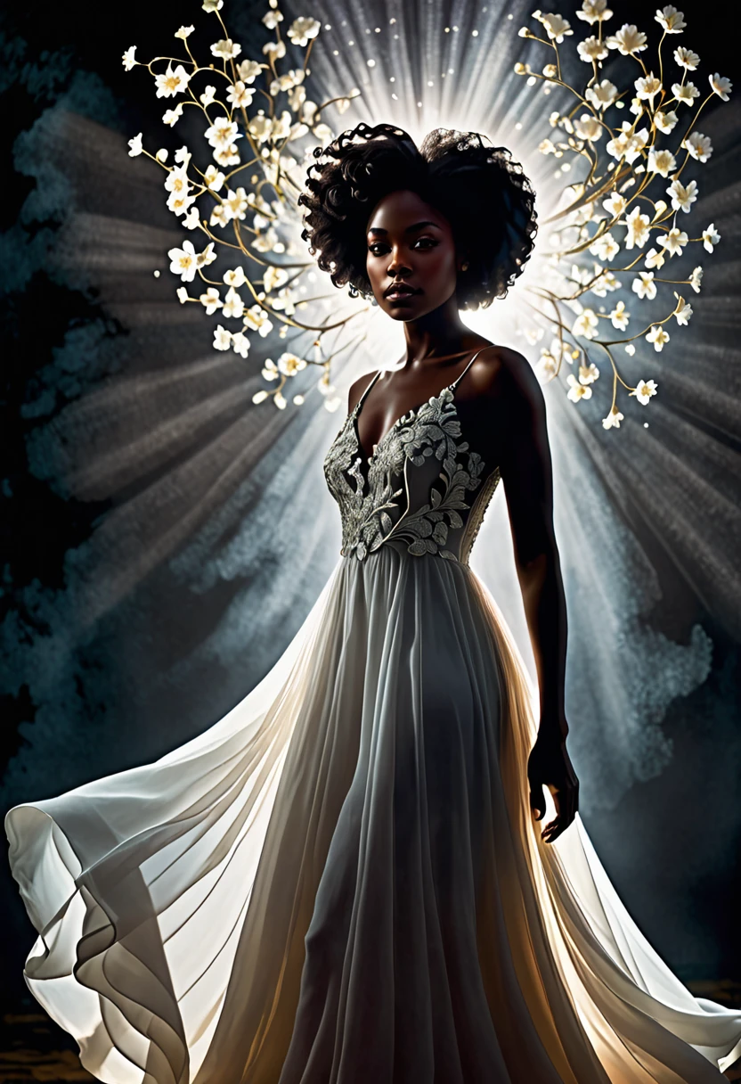 Create a detailed image of a book cover with a silhouette of a black woman in shadow, partially visible, with a dress flowing softly around her. In front of the silhouette, represent a bright white flower emitting powerful magic. The background must be completely dark, highlighting the magic of the flower. Magic should be visualized as small, glowing, ethereal particles, radiating energy and mystery. Show a lot of nature in this magic. uncanny.