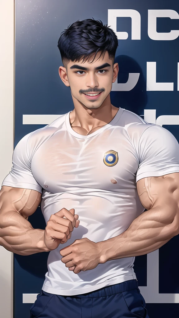 (handsome Man),(Thin mustache:1.1),(crew cut short hair:1.5),black eye, (navy blue tight-fitting round neck short sleeve T-shirt:1.3),(Police badge:1.3),navy blue cargo pants,(navy_gloves:1,3), Korean guy,chest muscles,large arm muscles,blood vessel,Big muscles,Broad shoulders,(open mouth:1.2),(face up:1.2),(open eyes:1.5),middle of the road,smile,(City town:1.4)