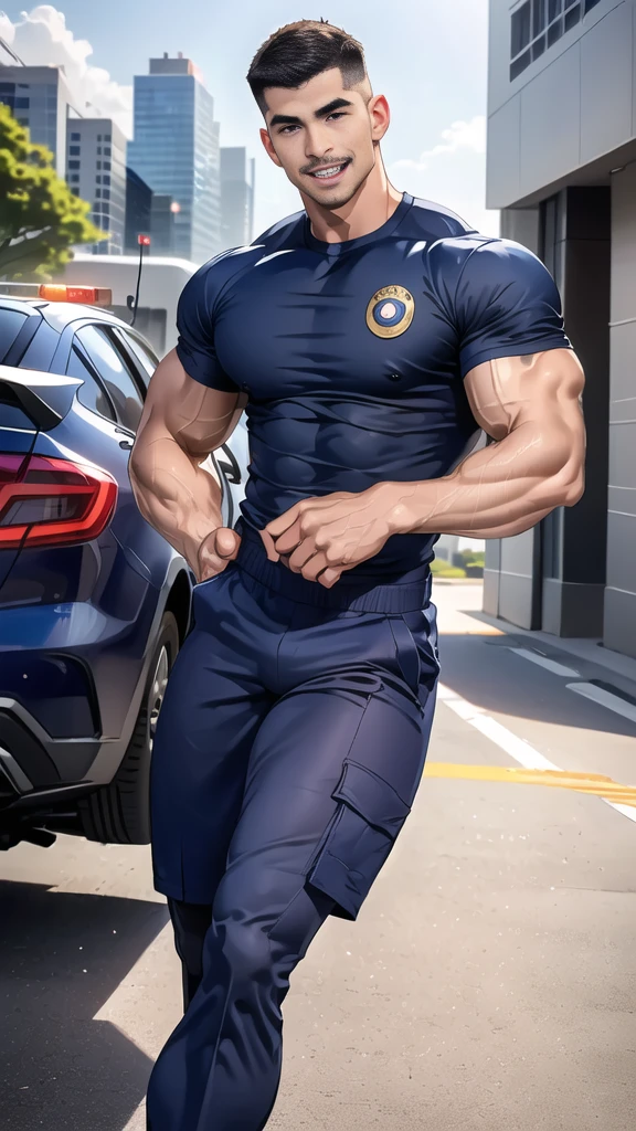 (handsome Man),(Thin mustache:1.1),(crew cut short hair:1.5),black eye, (navy blue tight-fitting round neck short sleeve T-shirt:1.3),(Police badge:1.3),navy blue cargo pants,(navy_gloves:1,3), Korean guy,chest muscles,large arm muscles,blood vessel,Big muscles,Broad shoulders,(open mouth:1.2),(face up:1.2),(open eyes:1.5),middle of the road,smile,(City town:1.4)