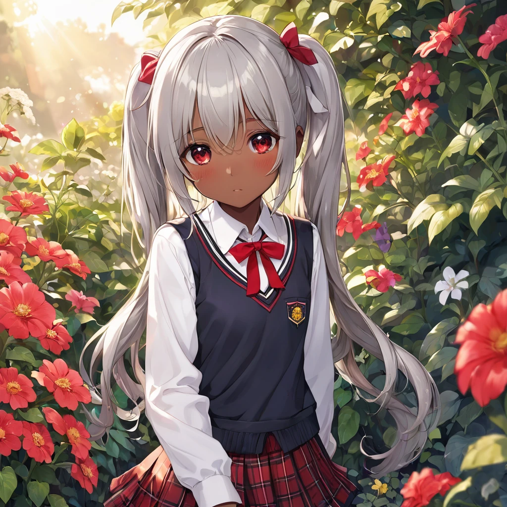 BREAK Perfect Anatomy、Highest quality、(cute:1.1)、(cute)、(High resolution:1.2)、Unbelievably absurd:1.3、Incredible illustrations、(cuteイラスト:1.2)、nsfw,(Beautiful background、Late Night、garden、Planting)、1gial(Silver Hair、Wavy Hair、Long twin tails、Red Eyes、9 years old female,height 1.2meters, slim 25kg)(flat chest、Dark Skin:1.4)(school uniform,garter belt)(front view)