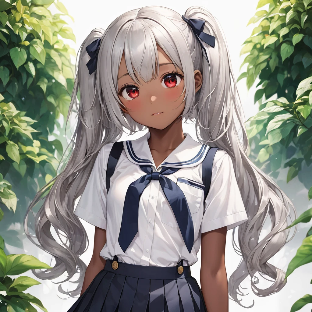 BREAK Perfect Anatomy、Highest quality、(cute:1.1)、(cute)、(High resolution:1.2)、Unbelievably absurd:1.3、Incredible illustrations、(cuteイラスト:1.2)、nsfw,（Beautiful background、Late Night、garden、Planting）、1gial(Silver Hair、Wavy Hair、Long twin tails、Red Eyes、9 years old female,height 1.2meters, slim 25kg）(flat chest、Dark Skin:1.4)（school uniform,garter belt）（front view）