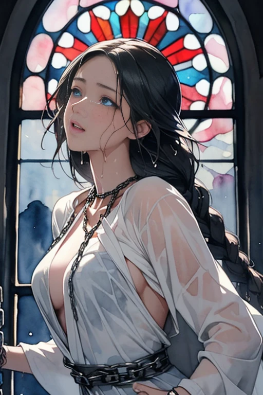 {(watercolor image:1.4),(renaissance style:1.2)}, BREAK, {erotic face,anguish,(scream:1.1),(very very ecstasy:1.2),(writhing:1.4),embarrassing,half open eye},{(very obscene pose:1.2),(arched back:1.2),(arch one's head:1.4),arms behind}, {(gray fundoshi:1.2), (wet clothes:1.4)}, BREAK, {(many Chains from all sides:1.4),(chains around the body:1.2), (crotch chain shibari:1.2),(chain shibari:1.3),(chain bondage), (chain restraint),(chain bind limbs),(chain bind body),(chain in collar)):1.2, confinement, shackles}, BREAK, {(1 woman, medium breasts), braid hair intricately},{dynamic low angle view}, {(dark church glowing stained glass:1.2)},BREAK,{(glowing tears:1.1),(blue glowing eyes),extremely detail hair, (pure white skin:1.1)}