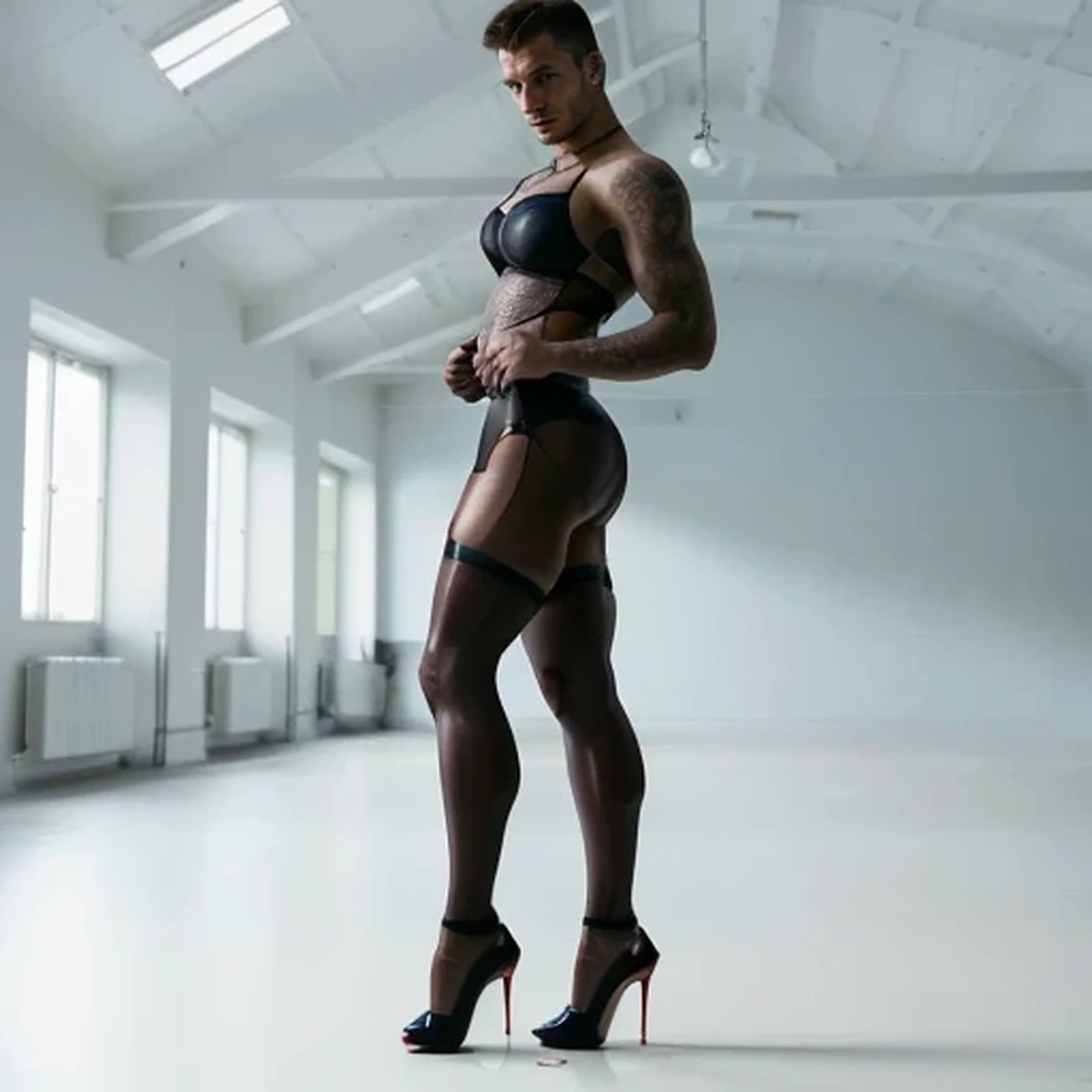 Athletic hunk muscular man with very short hair, vintage lingerie, glossy stockings, bra, very high stiletto heels with pointy toes, earrings, bra ,nylons and makeup, garterbelt, girdle, tattoos, long earrings, necklace, lipstick, corset, in a budoir