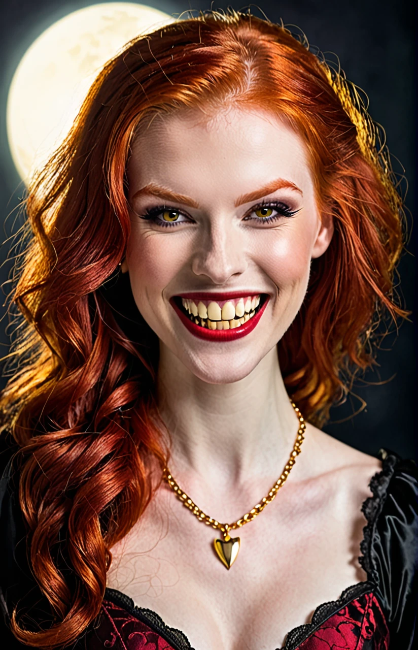 Smiling beautiful redhead vampire with gold tooth