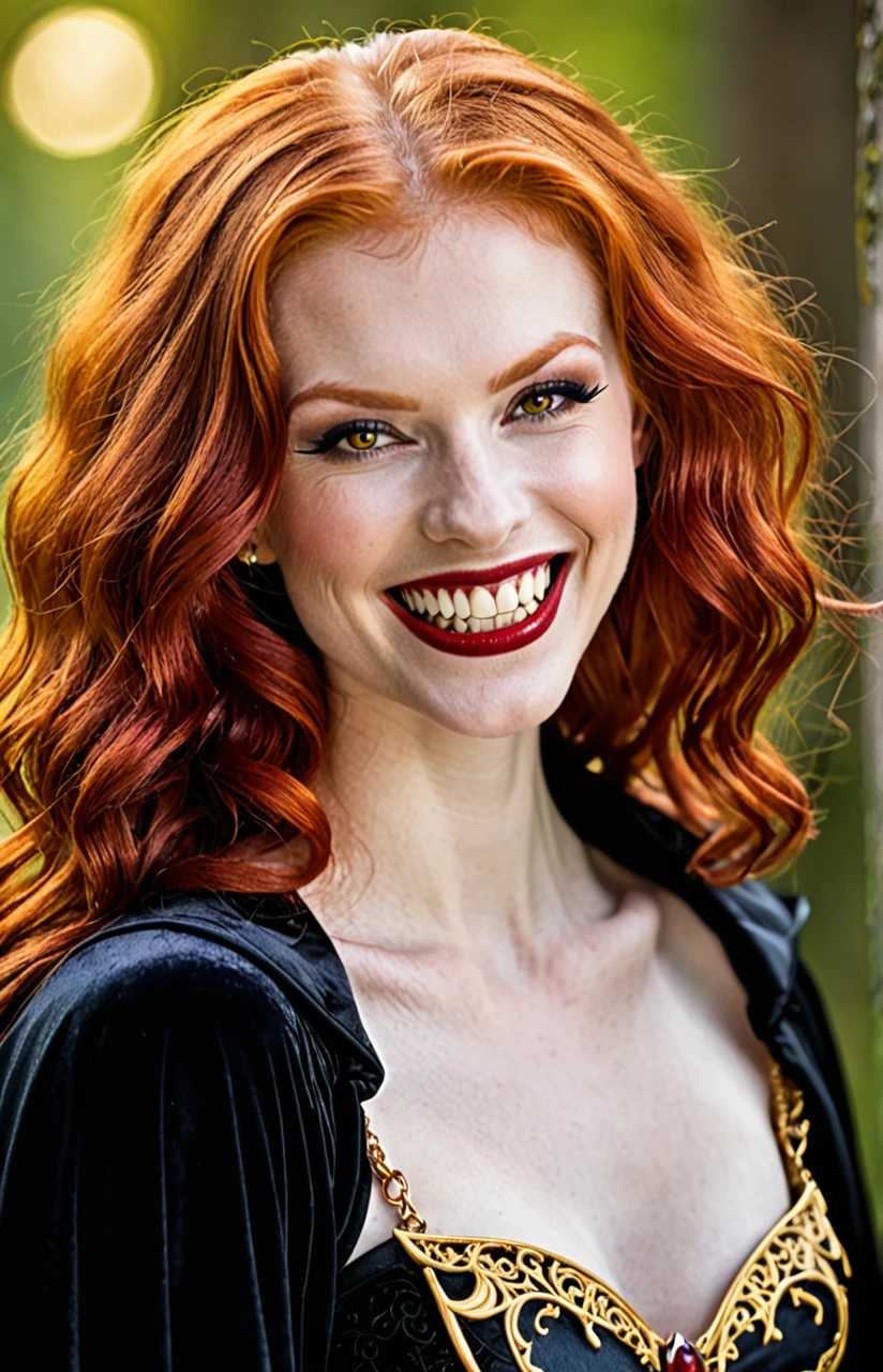 Smiling beautiful redhead vampire with gold tooth