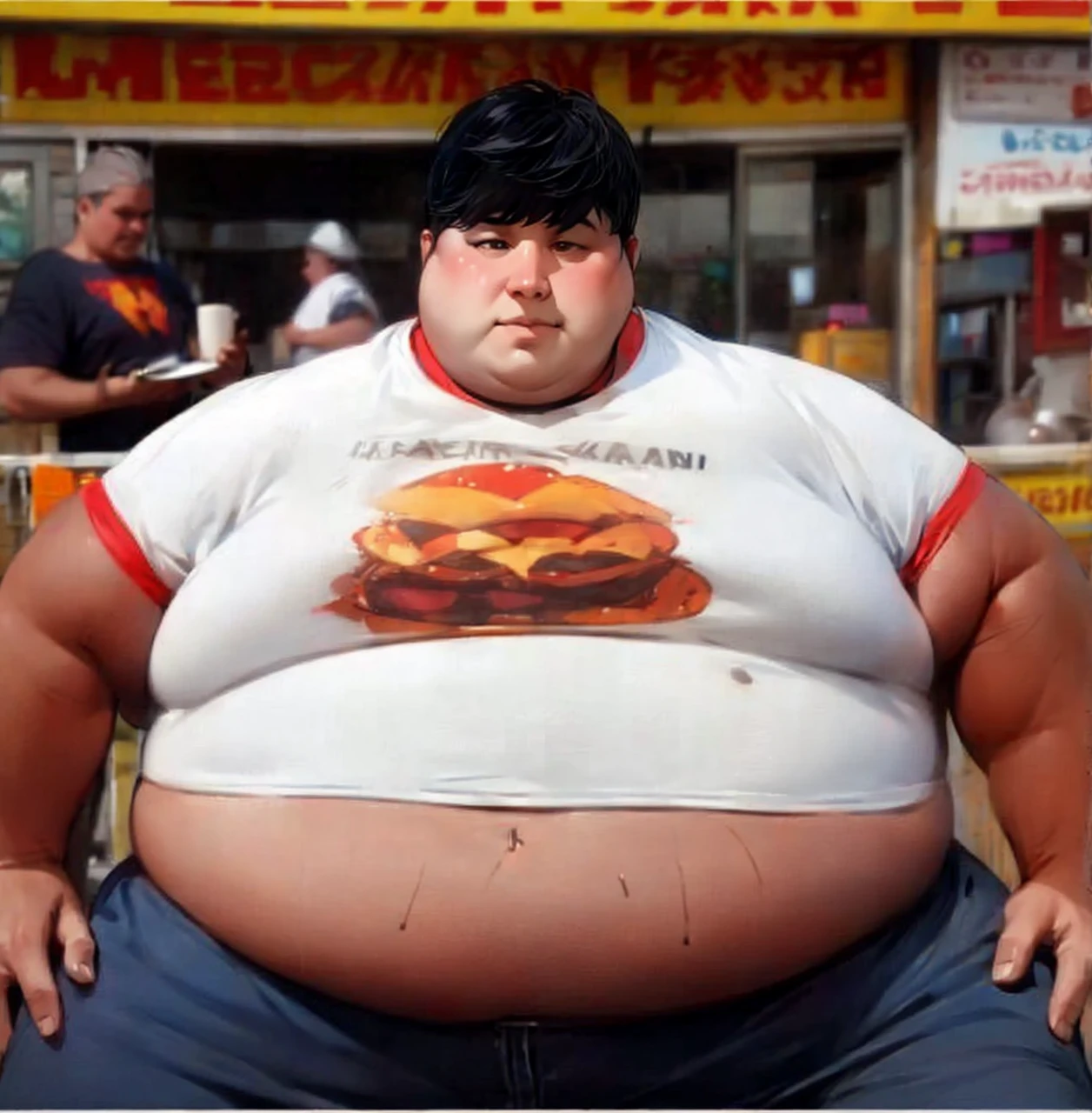 Obese boy happy, moobs.