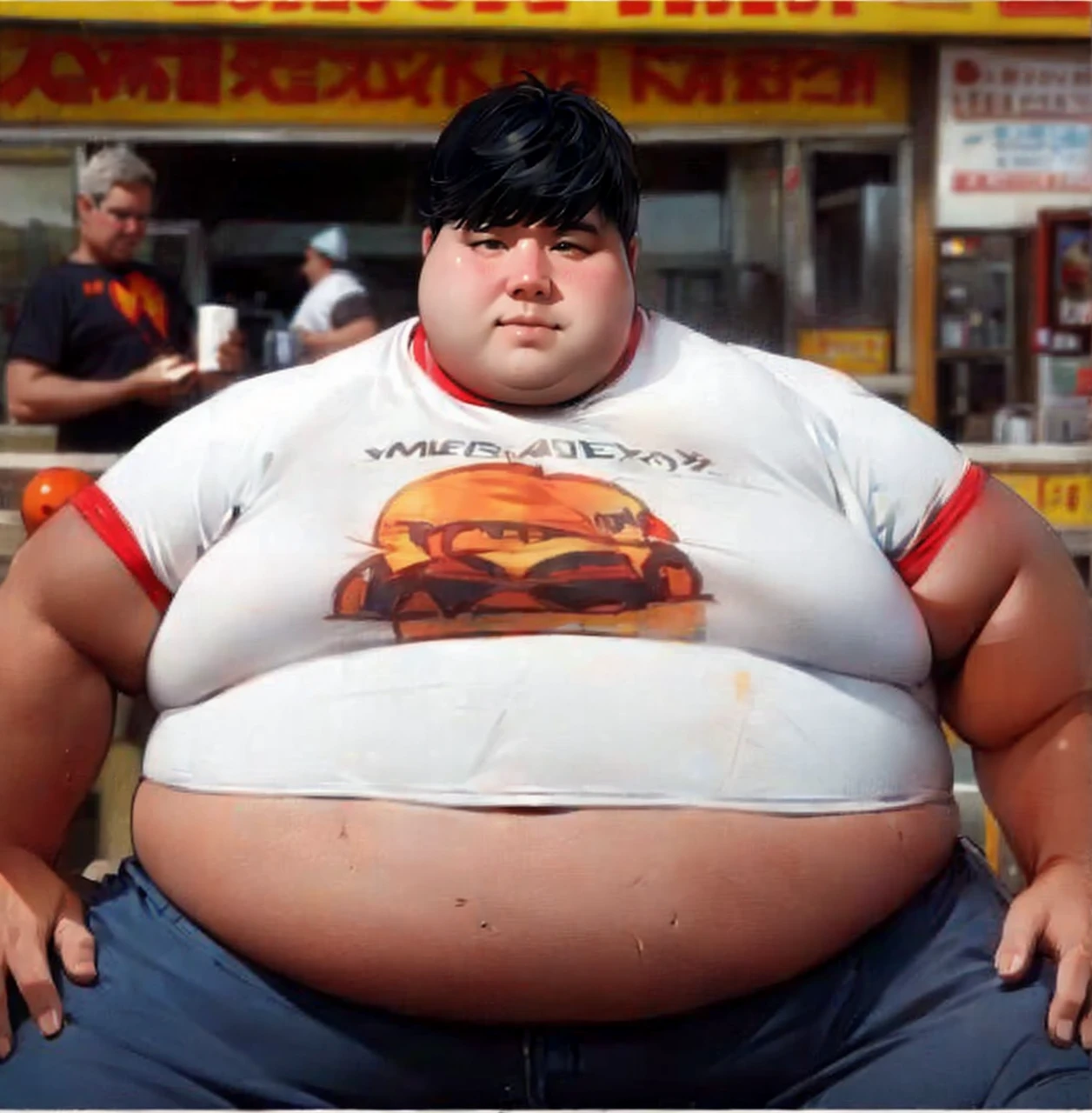 Obese boy happy, moobs.