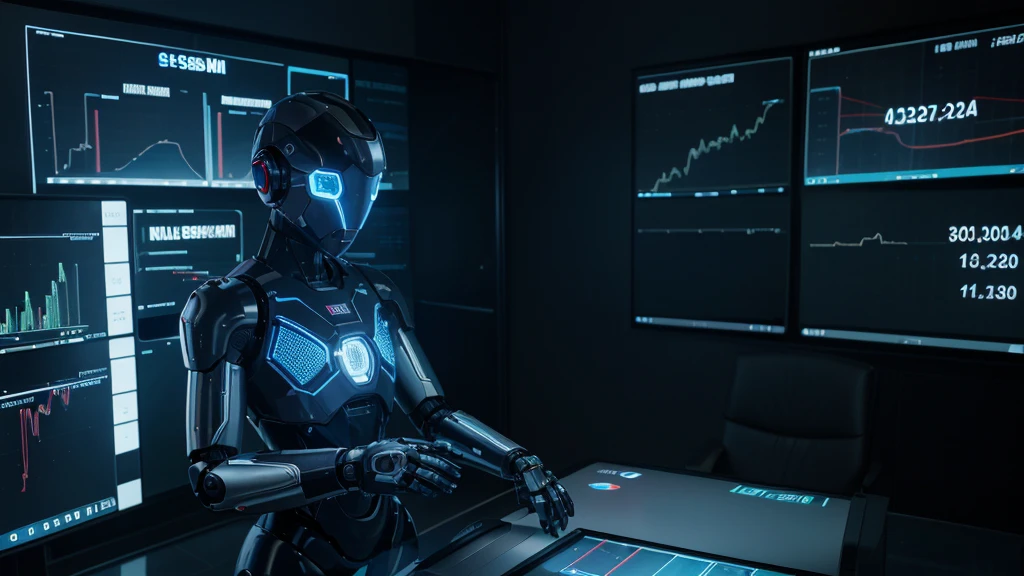 An illustration of a futuristic robot-shaped artificial intelligence analyzing a stock market chart on a large screen. The robot has glowing blue eyes, with hands connected to a touch screen, tracing complex data. The background is a modern office with large windows overlooking a metropolitan city at night, with city lights reflecting off the glass